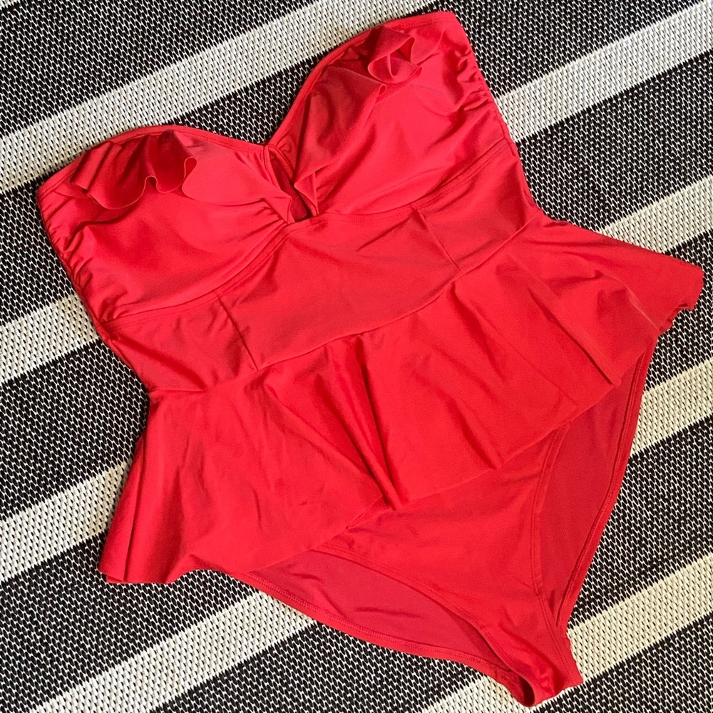 Red Strapless Peplum Plus Size Swimsuit